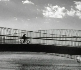 person on a bike riding over a bridge with water underneath