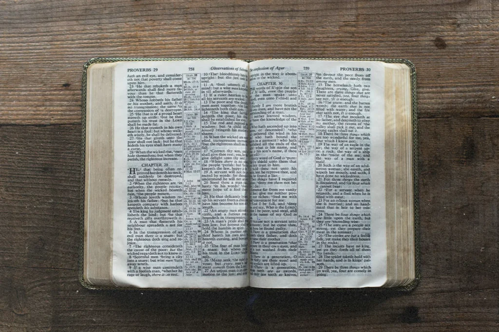 Open Bible displaying passages from Proverbs on a rustic wooden table