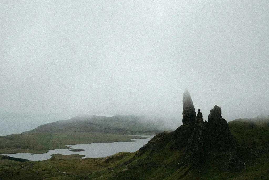 foggy field and a lake