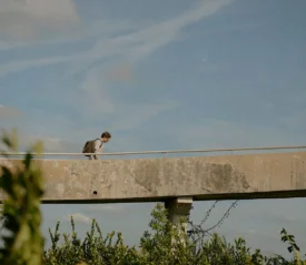 A person walks across an elevated concrete walkway under a bright blue sky, with green shrubs and plants in the foreground
