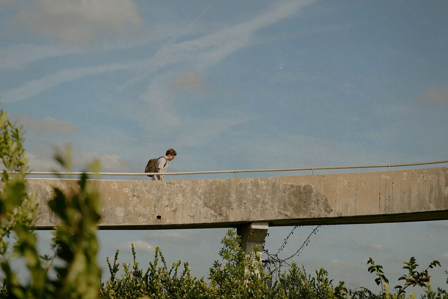 A person walks across an elevated concrete walkway under a bright blue sky, with green shrubs and plants in the foreground