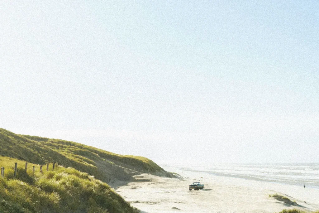 Ocean shores with grassy sand dunes and a pickup truck