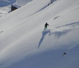 A skier glides down a wide, snow-covered mountain slope, leaving a trail of powder behind under bright sunlight