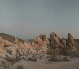 A desert landscape filled with rounded rock formations and sparse shrubs under a pale early‑evening sky