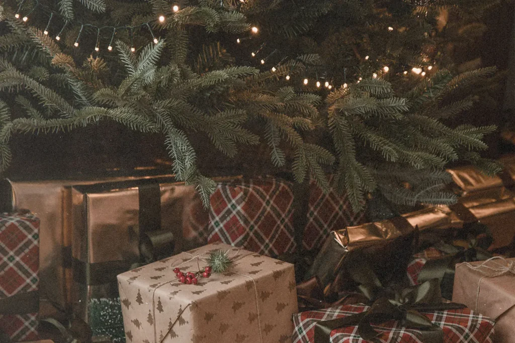 wrapped presents under a christmas tree