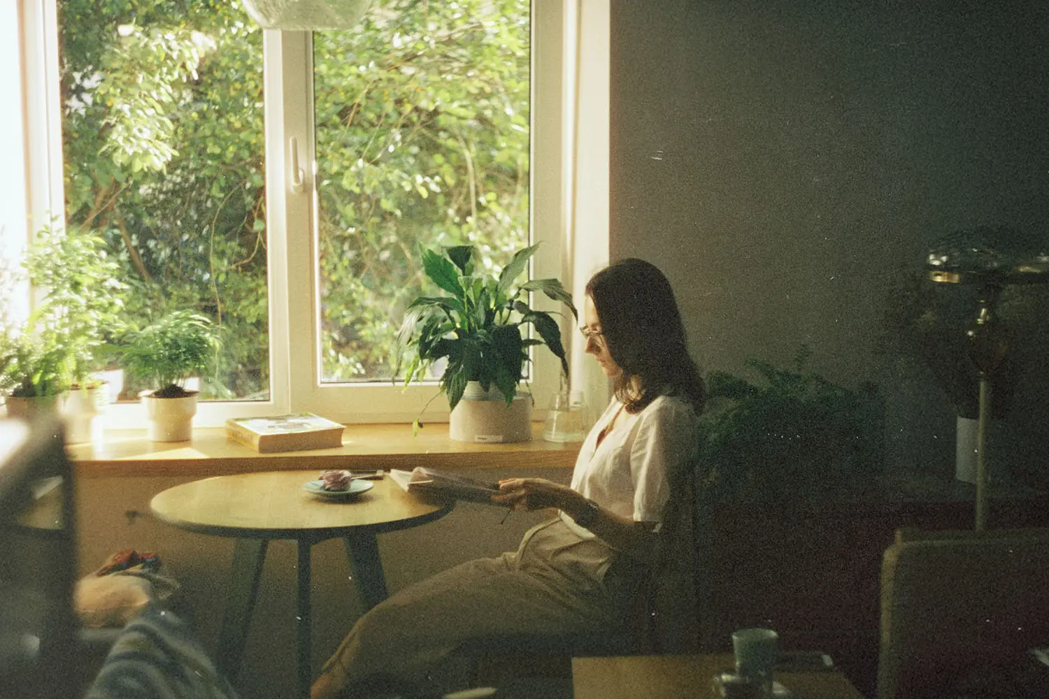 Woman reading at a small table beside a bright window surrounded by potted plants