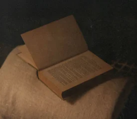 An old, open book rests on a textured cloth surface in dim, warm lighting