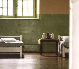 Bedroom with two twin beds and single side table with stuffed animals on top