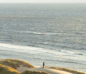 person standing in front of ocean on a hill