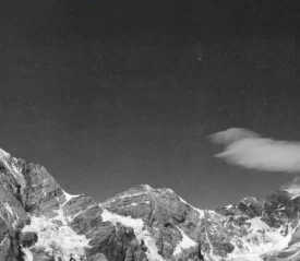 Black and white image of snowy mountain peaks