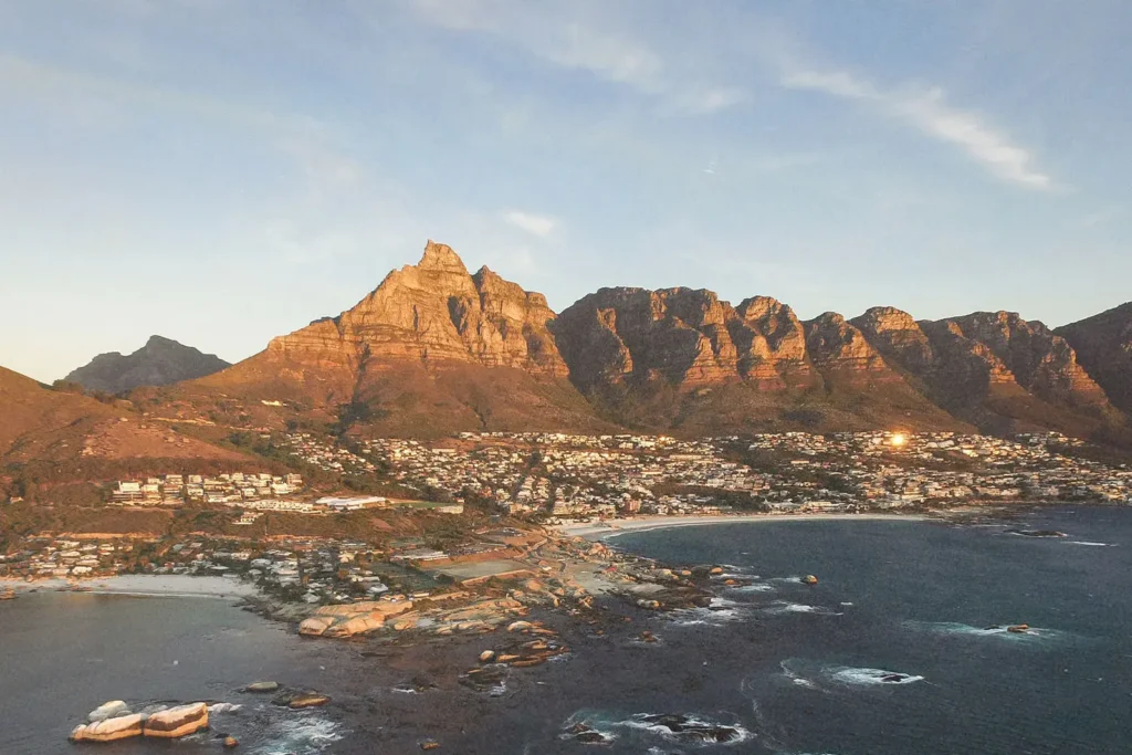 Rocky desert mountains with body of water