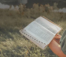 Open Bible held outdoors above sunlit grass near a calm body of water