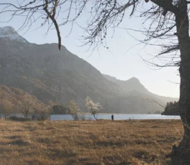 Wide landscape of a grassy field beside a lake with tall mountains in the background and a person standing near the shoreline