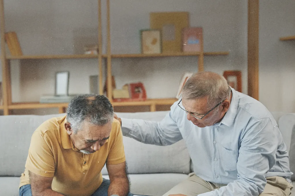 Person sitting on a couch with another person beside them offering support with a hand on their shoulder in a living‑room setting