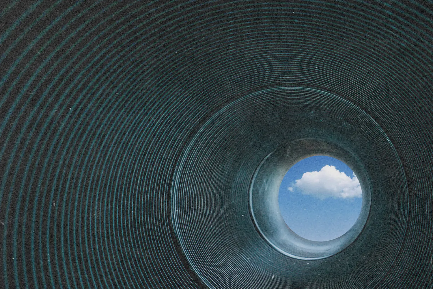 Dark tunnel with circular rings leading to bright blue sky and clouds, symbolizing hope, escape, and freedom