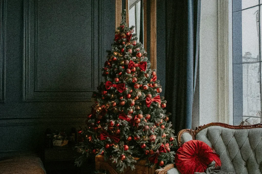Decorated Christmas tree with red bows and ornaments beside a window and vintage sofa.