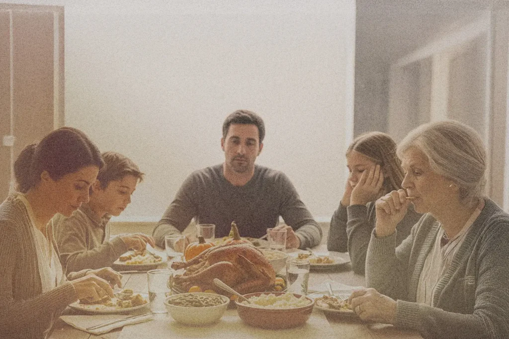 Dining table set with turkey and sides as relatives gather, a moment that reflects classic Family Drama during festive meals.